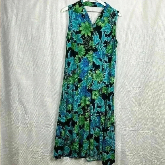 Croft & Barrow Maxi Dress. Sleeveless. Button down. Green & Blue Floral . 14P - Picture 1 of 11